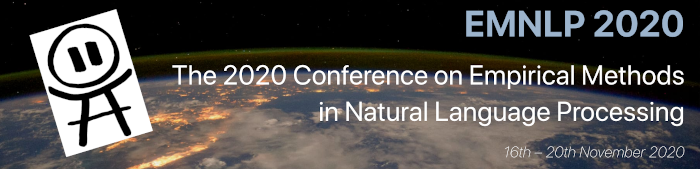 Text 'EMNLP 2020 The 2020 Conference on Empirical Methods in Natural Language Processing 16th – 20th November 2020' on top of an image of the earth by NASA