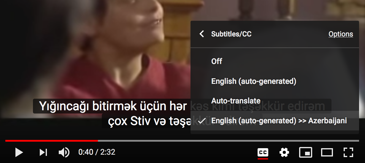 Youtube's auto-translated subtitle feature enabled for a video